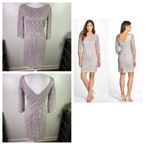 Vince Camuto women Sz 4 lined crochet overlay 3/4 sleeve plunge back dress